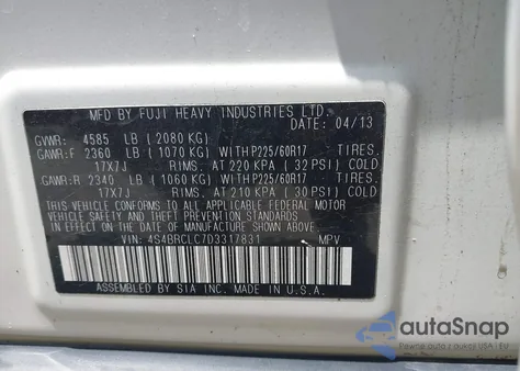 2013 Subaru Outback 2.5I Limited from USA, damaged, VIN 4S4BRCLC7D3317831